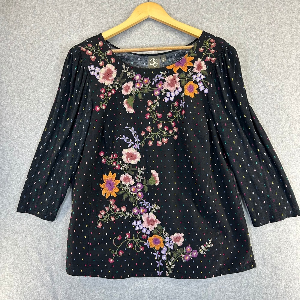 One September Black Embroidered Pink Floral Dot 3/4 Sleeve Top Womens Size Large